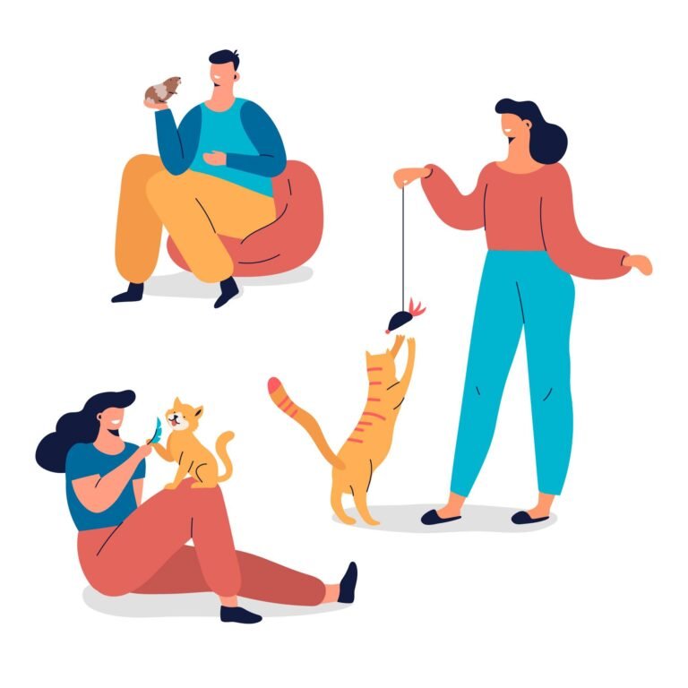 A new pet owner happily playing with a tabby cat, illustrating the essentials of cat care 101 for beginners.