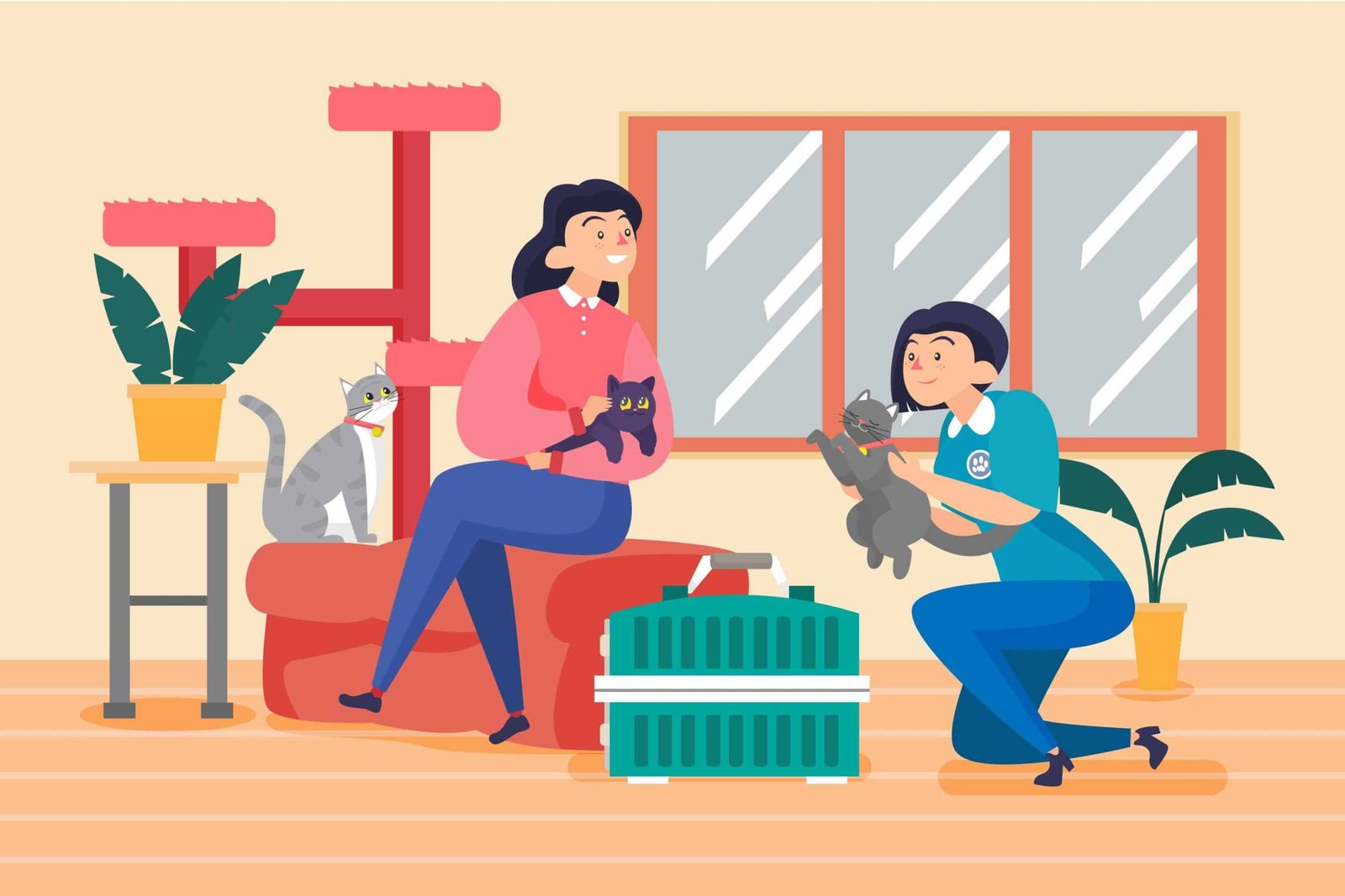 A new pet owner happily petting a tabby cat surrounded by basic supplies, illustrating essential cat care tips for beginners.