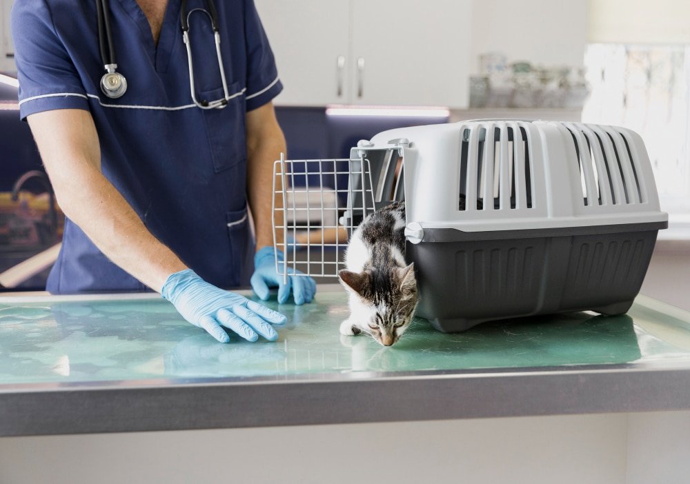 Veterinarian with cat carrier and kitten