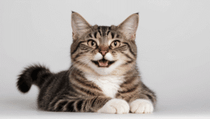 A colorful flat-lay illustration of essential cat supplies, including a pet carrier, litter box scoop, food bowl, collar with a bell, various toys (feather wand, toy mouse), and a cat passport, perfect for a daily care routine.